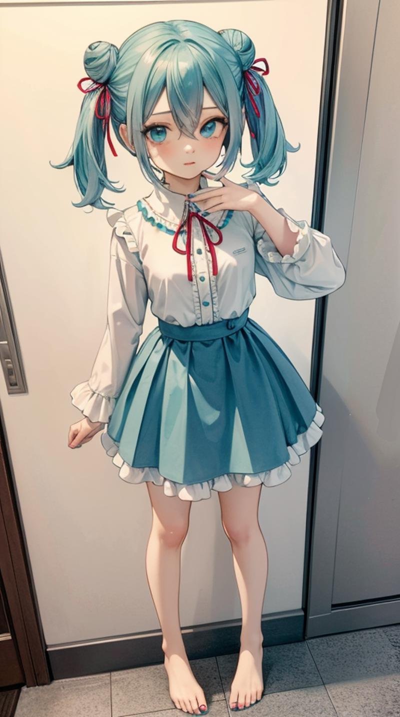 (masterpiece, best quality),ray tracing,absurdres, HDR,hatsune miku, aino, 1girl, solo, ribbon, hair ribbon, hair between eyes, looking at viewer, red ribbon, frills, blue eyes, bangs, hair bun, full body,, double bun, twintails, traditional media, hand up, aqua eyes, frilled sleeves, nail polish,, blue nails, shirt,legs ,barefoot,standing<lora:miku_aino_v2:0.8>