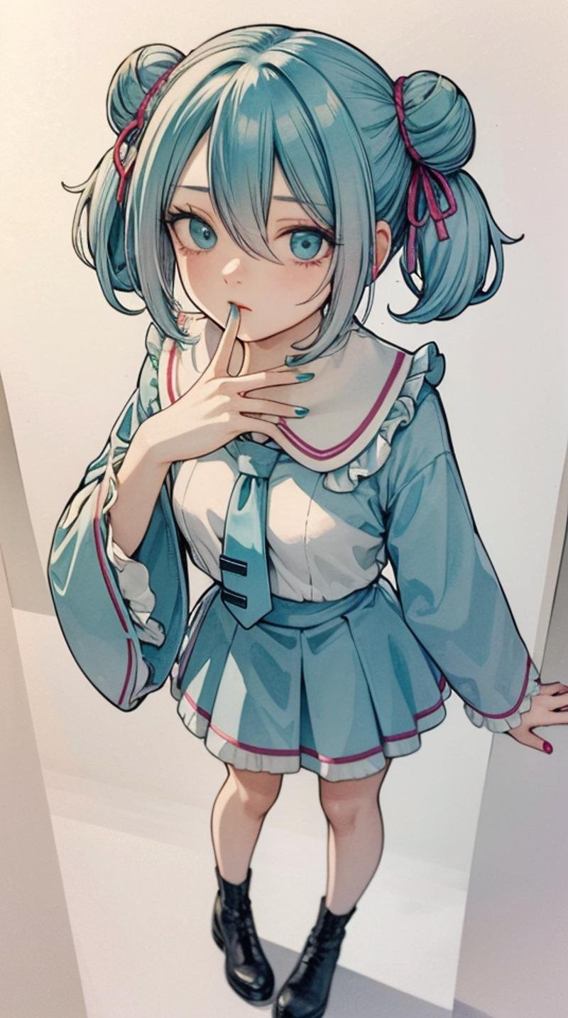 (masterpiece, best quality),ray tracing,absurdres, HDR,hatsune miku, aino, 1girl, solo, ribbon, hair ribbon, hair between eyes, looking at viewer, red ribbon, frills, blue eyes, bangs, hair bun, full body, finger to mouth, double bun, twintails, traditional media, hand up, aqua eyes, frilled sleeves, nail polish, white background, blue nails, shirt,legs, <lora:miku_aino_v2:0.8>