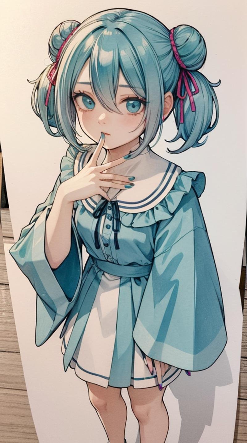 (masterpiece, best quality),ray tracing,absurdres, HDR,hatsune miku, aino, 1girl, solo, ribbon, hair ribbon, hair between eyes, looking at viewer, red ribbon, frills, blue eyes, bangs, hair bun, full body, finger to mouth, double bun, twintails, traditional media, hand up, aqua eyes, frilled sleeves, nail polish, white background, blue nails, shirt,feet out of frame, <lora:miku_aino_v2:0.8>