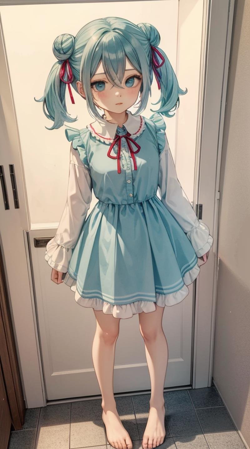 (masterpiece, best quality),ray tracing,absurdres, HDR,hatsune miku, aino, 1girl, solo, ribbon, hair ribbon, hair between eyes, looking at viewer, red ribbon, frills, blue eyes, bangs, hair bun, full body,, double bun, twintails, traditional media,, aqua eyes, frilled sleeves, , , shirt,dress,legs ,barefoot,standing,<lora:miku_aino_v2:0.8>