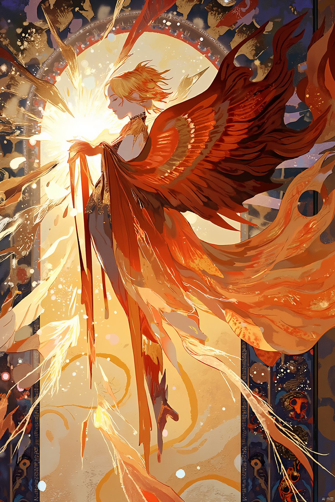 An artistic illustration of a female character with wings and gorgeous costumes. Her hair and clothes are designed with flame elements against a background of bright light and intricate patterns