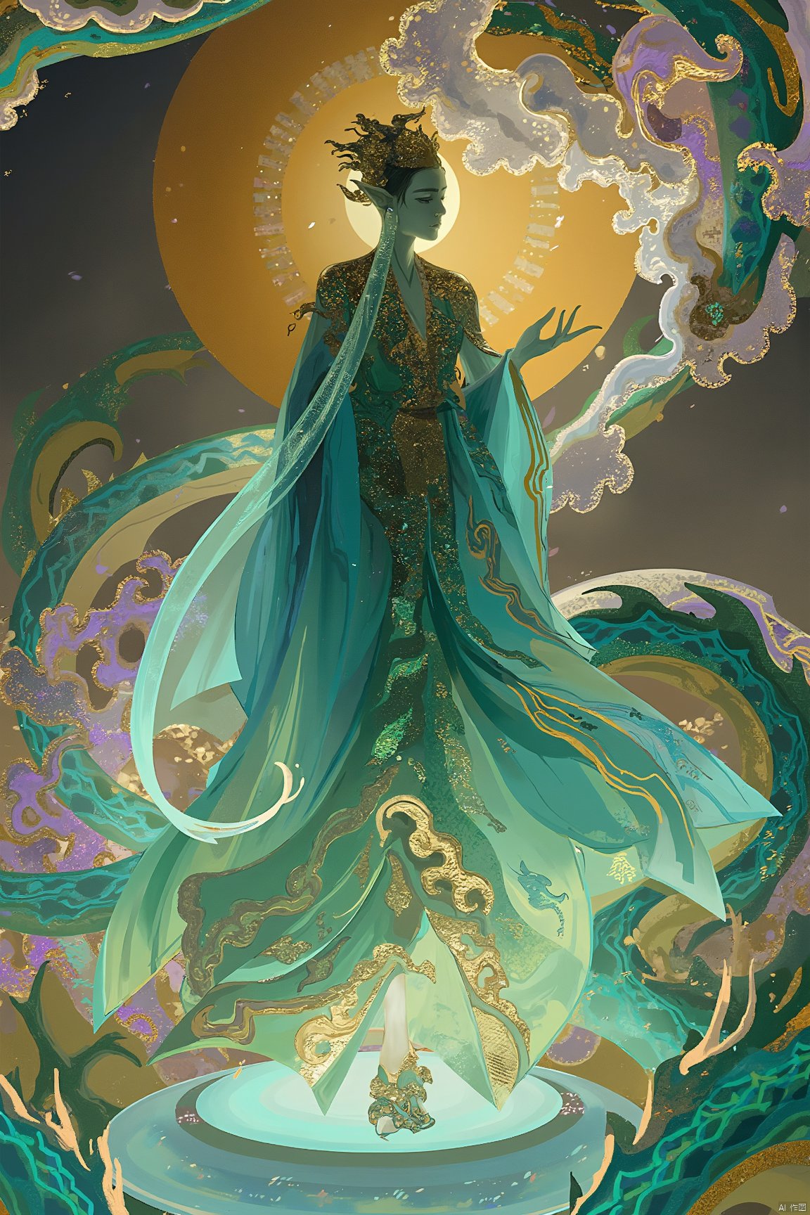 A mysterious green dragon saint, she stands on a jade platform surrounded by auspicious clouds, and the picture is full of rich magnificence. She is wearing a green-gold dress. The hem of the skirt is decorated with complicated patterns of clouds and dragon scales. The scales sparkle with a metallic texture. Each scale gradually transitions from green-gold to deep purple. The brushstrokes are delicate and the colors are distinct. Her shawl is made of thin gauze, showing a translucent ice blue color. The winding auspicious cloud pattern is faintly visible, and it glows with a faint golden light when fluttering in the wind.