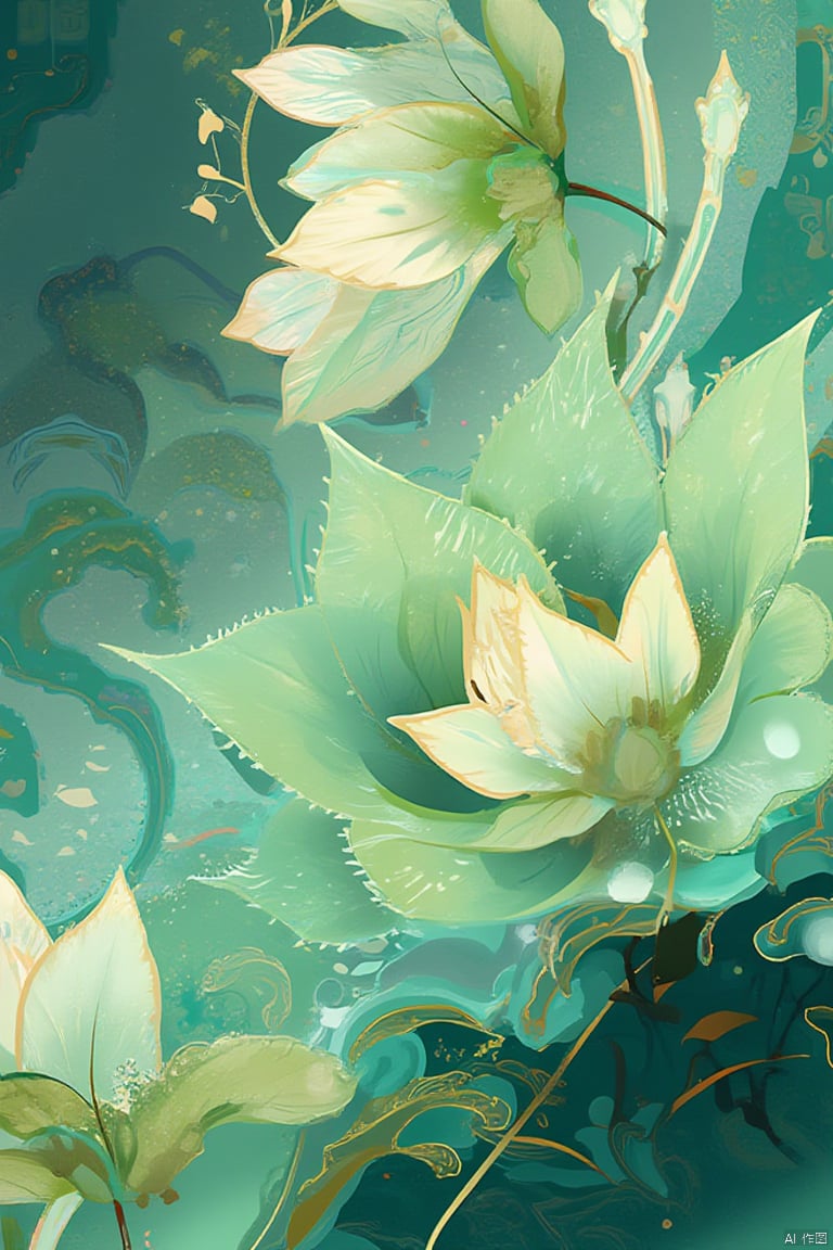 A gorgeous Chinese fantasy scene, the main colors are green and ivory. In the center of the painting is a floating lotus. The petals present a progressive curling structure. Each petal is decorated with fine fringes and curved patterns. The color gradually transitions from light green to dark green. The halo of the lotus is depicted in translucent emerald color, and the light and shadow are delicate and smooth. In the background, elegant cloud patterns are intertwined with geometric abstract figures, and the overall tone gradually changes from light blue to dark blue, creating a sense of quiet space. Light spots and subtle color changes are interspersed between each layer, making the picture full of detailed beauty.