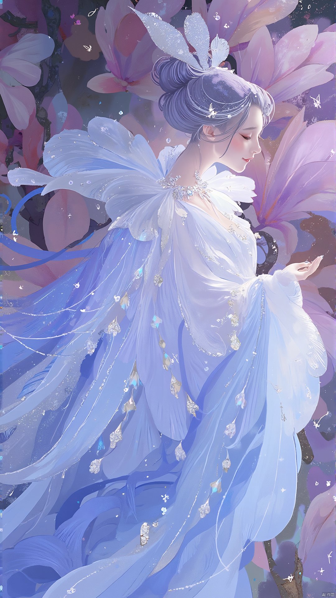 Fairy Magnolia is wearing a Tianling feather dress, and her image is like a dream. The feather coat is made of translucent silk, with a gradient color from ice blue to lavender. The surface is dotted with countless silver thin lines and shimmering gems, as if stars are falling on the clothes. The hem of the feather coat is as elegant as a cloud, and the edges are decorated with delicate cloud patterns and petal patterns, with soft lines and distinct layers. Her bun is fixed with a white jade hairpin, which is carved into a blooming magnolia flower with exquisite details. The hair is dotted with crystal drop-shaped beads, each one as clear as morning dew. The fairy's face is elegant, her skin has a soft luster, and her eyes have a faint blue-purple halo, adding to the sense of mystery. In the background, large magnolia flowers are presented in an abstract way, with shimmering edges on the petals, and colors ranging from light pink to deep purple, with rich layers.