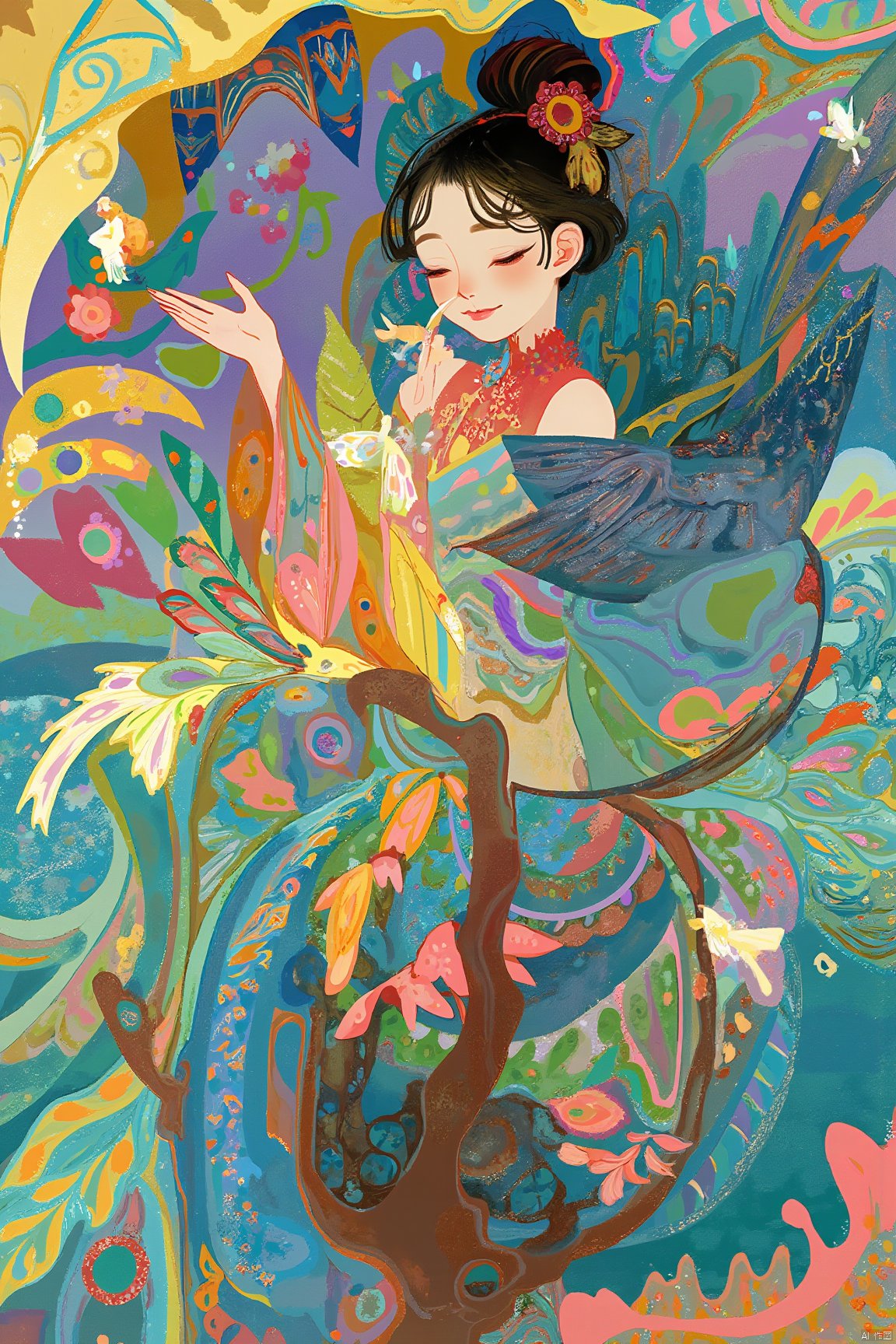 1 Girl in bird and plant art illustration. The picture is covered with a variety of patterns, rich and bright colors.