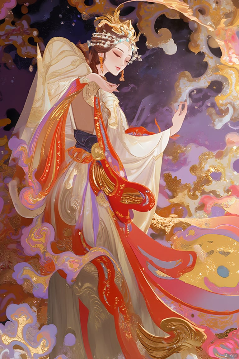 A gorgeous national fashion dancer, she wears a gold and rose red robe decorated with delicate phoenix patterns and flowing cloud patterns. The patterns are outlined with gold threads and have a delicate luster. Her phoenix crown is towering, composed of golden feathers and crystal beads. The layered structure looks particularly delicate under the light and shadow. The dancer's arms are graceful, and the long sleeves extend like flowing water. The sleeves are decorated with lavender and pink gradient curls, which seem to draw smooth curves in the air. The background is intertwined with deep purple clouds and orange glow. The light and shadow transition naturally in layers, forming a dreamlike stage effect. Delicate brushstrokes and gorgeous colors show the elegance and nobility of the dancers, making the entire scene full of visual impact