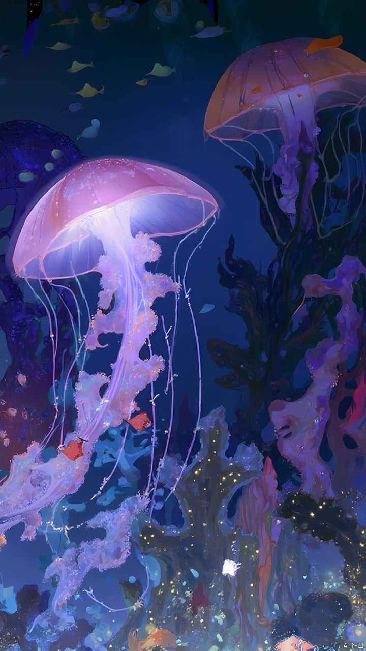 The backdrop of this underwater garden is made up of giant glowing jellyfish and a variety of exotic marine plants. The umbrella-shaped body of the jellyfish shows a transparent pink-purple color, and its delicate tentacles float gently in the water, emitting a faint blue light. The leaves of the marine plants are covered with golden light spots, like stars blooming in the night sky. The background colors are mainly gradient blue and purple, and the underwater light reflects brilliantly through the jellyfish umbrellas and plant leaves. Schools of fish swim leisurely in the garden, their scales shining like pearls. Among the details of the garden, the sand grains and small shells on the seabed are embedded in the picture, adding a rich layering to the scene. The overall picture is like a dreamy underwater wonderland. The combination of reality and fantasy makes people feel like they are in a different world full of magic.