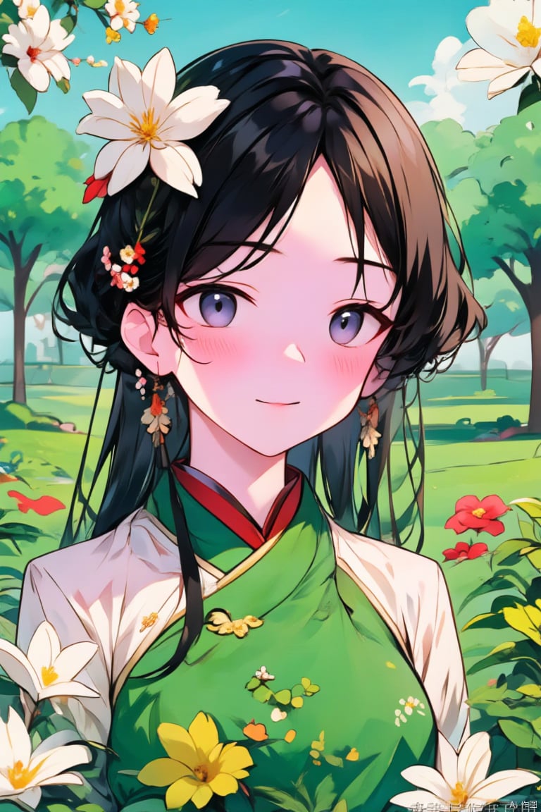 1girl, solo, long hair, breasts, looking at viewer, blush, bangs, blue eyes, black hair, hair ornament, long sleeves, dress, jewelry, upper body, flower, earrings, outdoors, parted lips, sky, day, cloud, hair flower, tree, parted bangs, watermark, chinese clothes, floral print, white flower, tassel, green dress, mountain