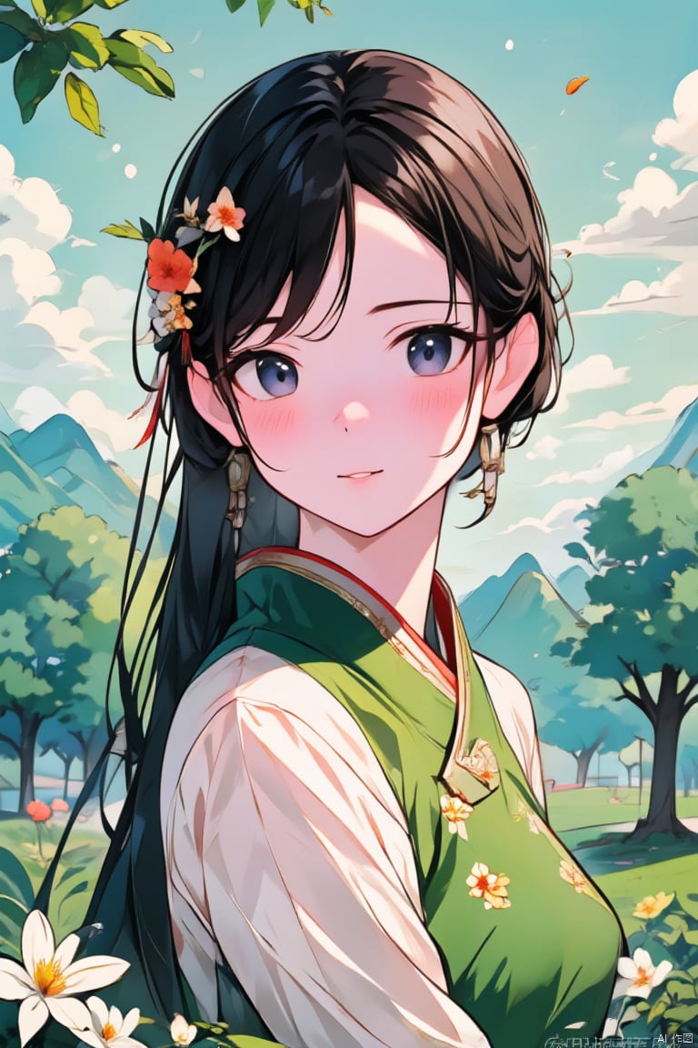 1girl, solo, long hair, breasts, looking at viewer, blush, bangs, blue eyes, black hair, hair ornament, long sleeves, dress, jewelry, upper body, flower, earrings, outdoors, parted lips, sky, day, cloud, hair flower, tree, parted bangs, watermark, chinese clothes, floral print, white flower, tassel, green dress, mountain