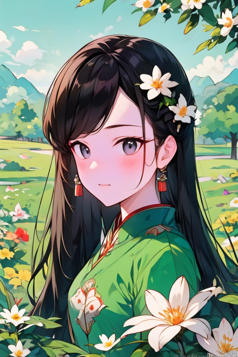 1girl, solo, long hair, breasts, looking at viewer, blush, bangs, blue eyes, black hair, hair ornament, long sleeves, dress, jewelry, upper body, flower, earrings, outdoors, parted lips, sky, day, cloud, hair flower, tree, parted bangs, watermark, chinese clothes, floral print, white flower, tassel, green dress, mountain