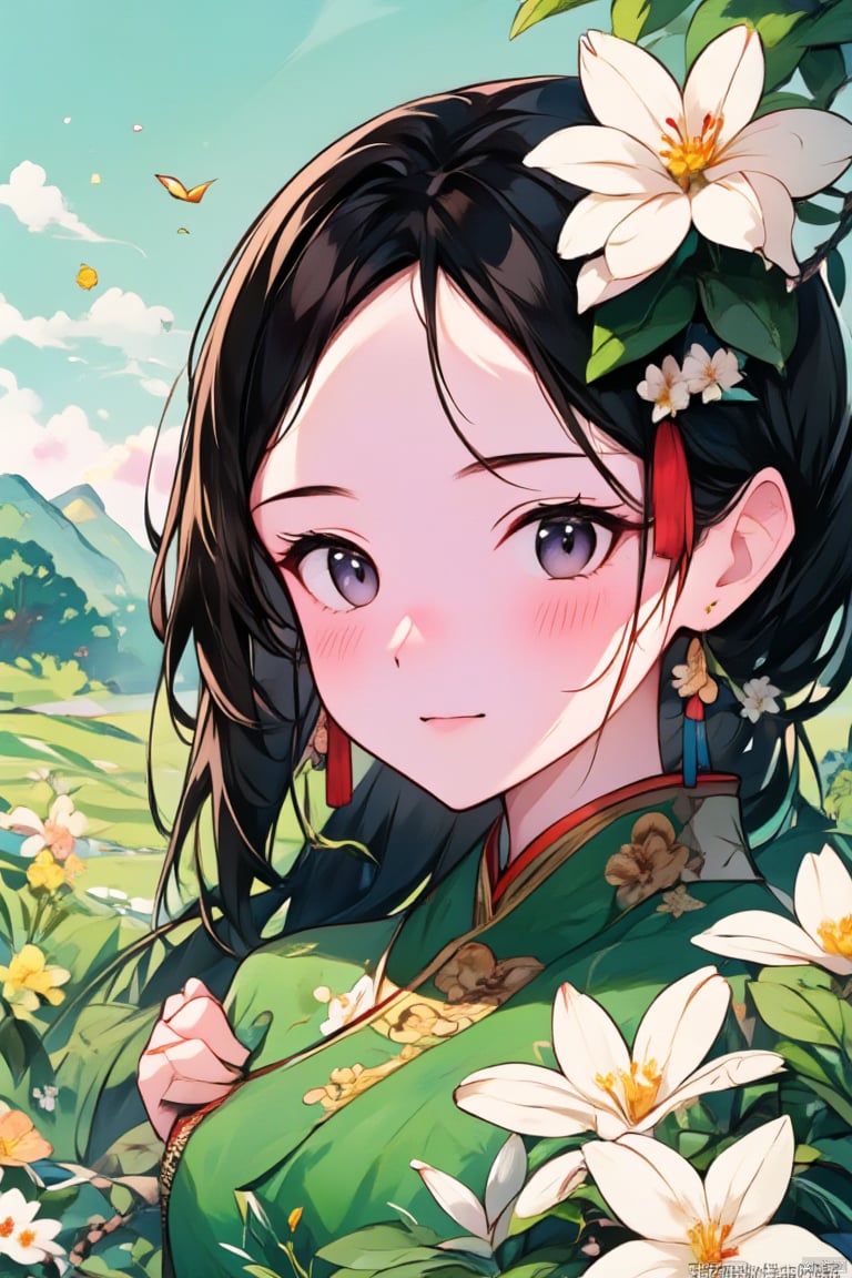 1girl, solo, long hair, breasts, looking at viewer, blush, bangs, blue eyes, black hair, hair ornament, long sleeves, dress, jewelry, upper body, flower, earrings, outdoors, parted lips, sky, day, cloud, hair flower, tree, parted bangs, watermark, chinese clothes, floral print, white flower, tassel, green dress, mountain