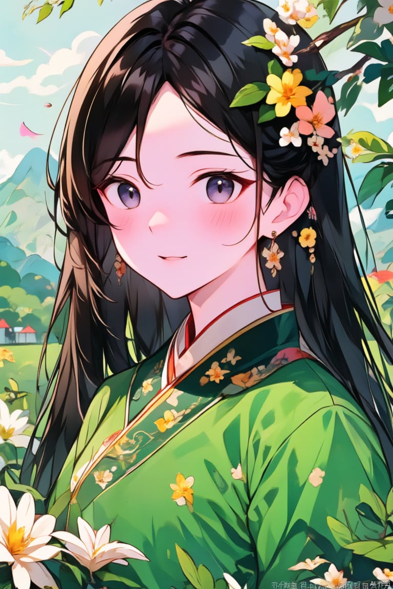 1girl, solo, long hair, breasts, looking at viewer, blush, bangs, blue eyes, black hair, hair ornament, long sleeves, dress, jewelry, upper body, flower, earrings, outdoors, parted lips, sky, day, cloud, hair flower, tree, parted bangs, watermark, chinese clothes, floral print, white flower, tassel, green dress, mountain