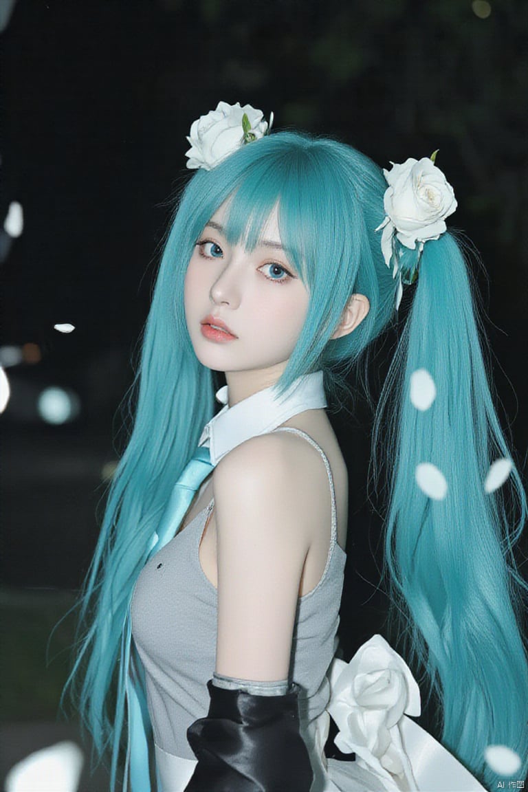 breathtaking face focus, masterpiece, best quality, 1girl, hatsune miku, white roses, petals, night background, fireflies, light particle, solo, aqua hair with twin tails, aqua eyes, standing, pixiv, depth of field, cinematic composition, best lighting, looking up . award-winning, professional, highly detailed