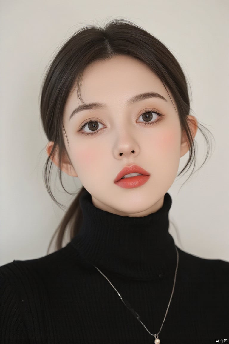 a woman wearing a black turtle neck top, a portrait, instagram, small necklace, very beautiful young woman, h 7 6 8, february), ( ivory black ), gongbi