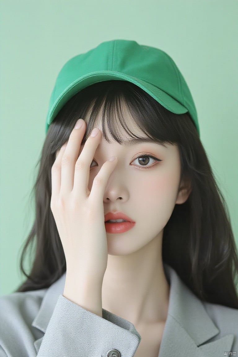 Asian portrait,A young woman wearing a green baseball cap,covering one eye with her hand,long dark hair,subtle makeup,neutral facial expression,dressed in a light grey blazer,minimalist background with a light green hue,close-up shot with a focus on her face,artistic and fashion-forward composition,the photo exudes a modern and stylish aura.,