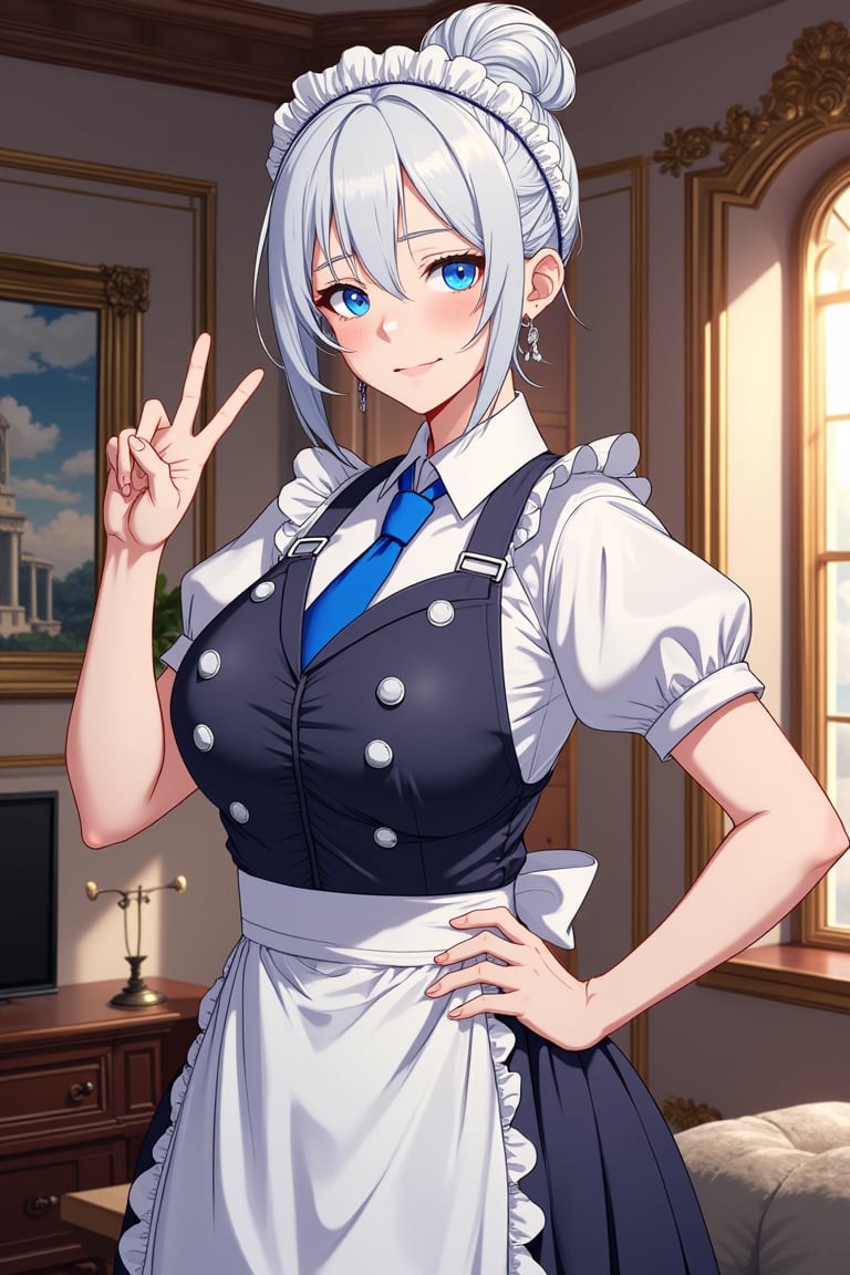 A woman standing inside a luxurious room. She is wearing a maid uniform. She has blue eyes and short white hair wrapped in a bun. She's doing a victory sign with one hand and her other hand is on her hip. Anime style