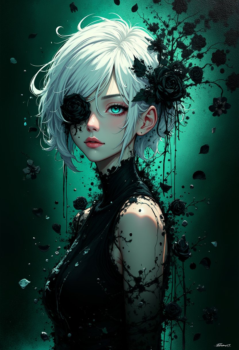 An Acrylic style painting that is expressive, gives it a dynamic and emotional quality. Anime style of a stylized portrait of a woman with a ethereal black and green mist surrounding her body. The mist creates a dramatic and surreal effect. A black flower, that is blooming, covering one eye, attached to the face. The woman has a cold aesthetic, complimented by her white hair. Anime art of woman draped in shadows with a lighting that enhances her unique features.
The background is dark green, filled with black rose petals.