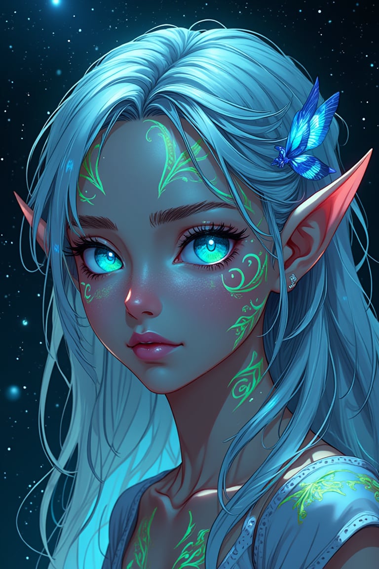 Create a close-up image of a fantasy elf’s face. Her skin glows with a soft, ethereal light and is adorned with neon tattoos that cover her face in intricate patterns. The tattoos emit a magical glow that illuminates her delicate features. Her eyes are large and bright, subtly changing between shades of blue and green, as if holding an ocean within them. Her long, silver hair frames her face, adding a touch of magic to the scene. The background features a starry sky that enhances the dreamy atmosphere , fantasy art, detail eyes, magic eyes, anime style