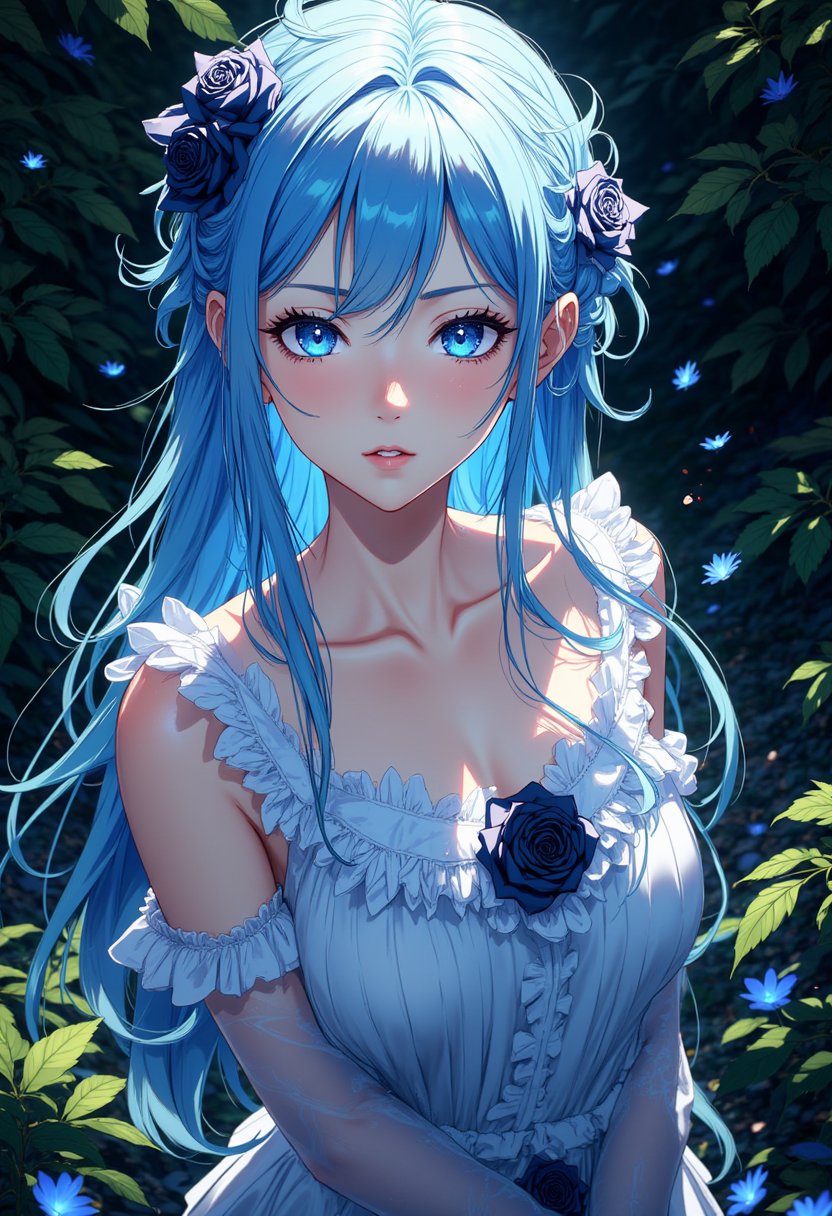 Beautiful girl, long hairstyle, blue hair, blue eyes, masterpiece quality, light particles, garden background, looking at viewer, upper body, Anime Style., highly detailed
The background is dark green, filled with black rose petals, shushing motion,