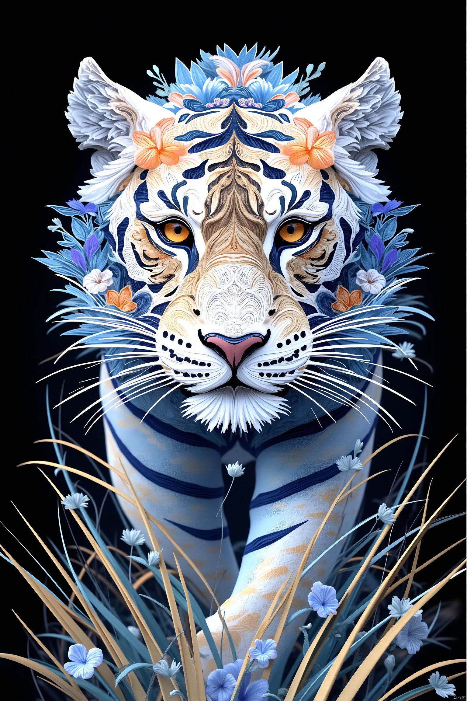 tenkai style
solo
looking at viewer
yellow eyes
flower
no humans
animal
grass
black background
blue flower
animal focus
tiger
white tiger
abstract
