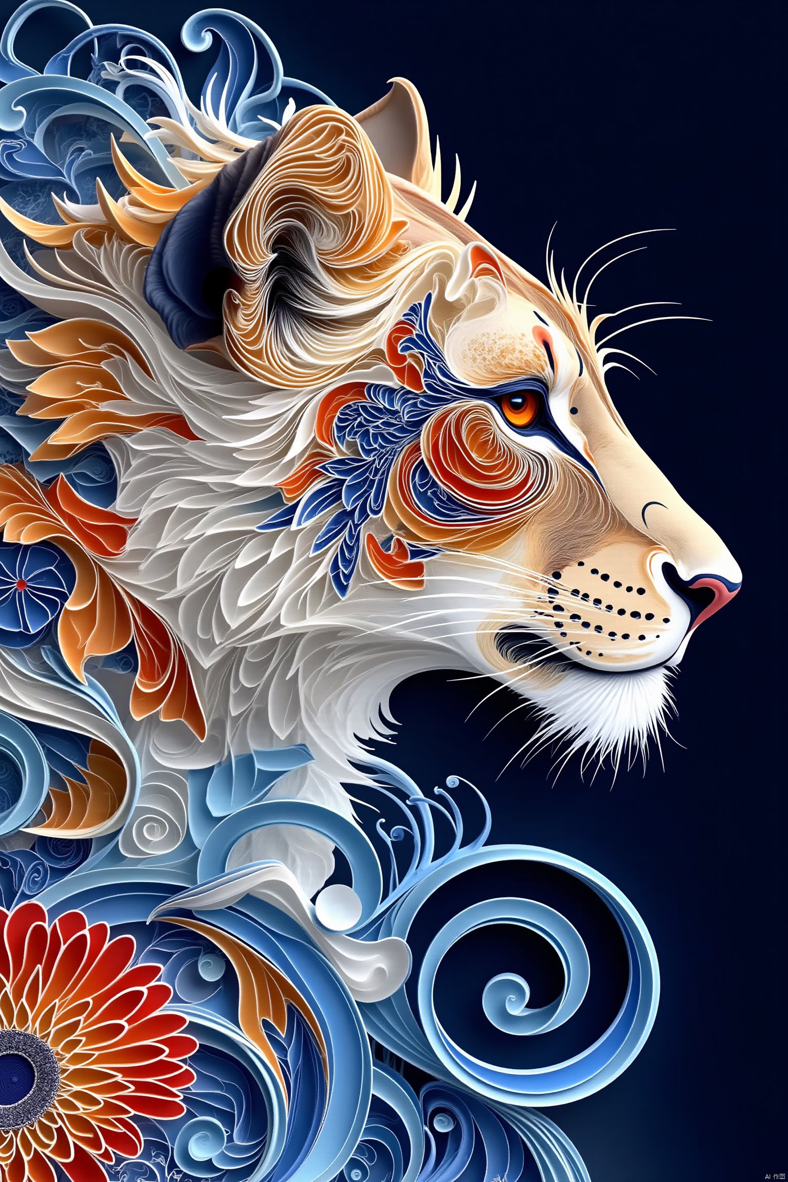 tenkai style
lion
from side
no humans
profile
blue background
black background
animal focus
whiskers
surreal
abstract