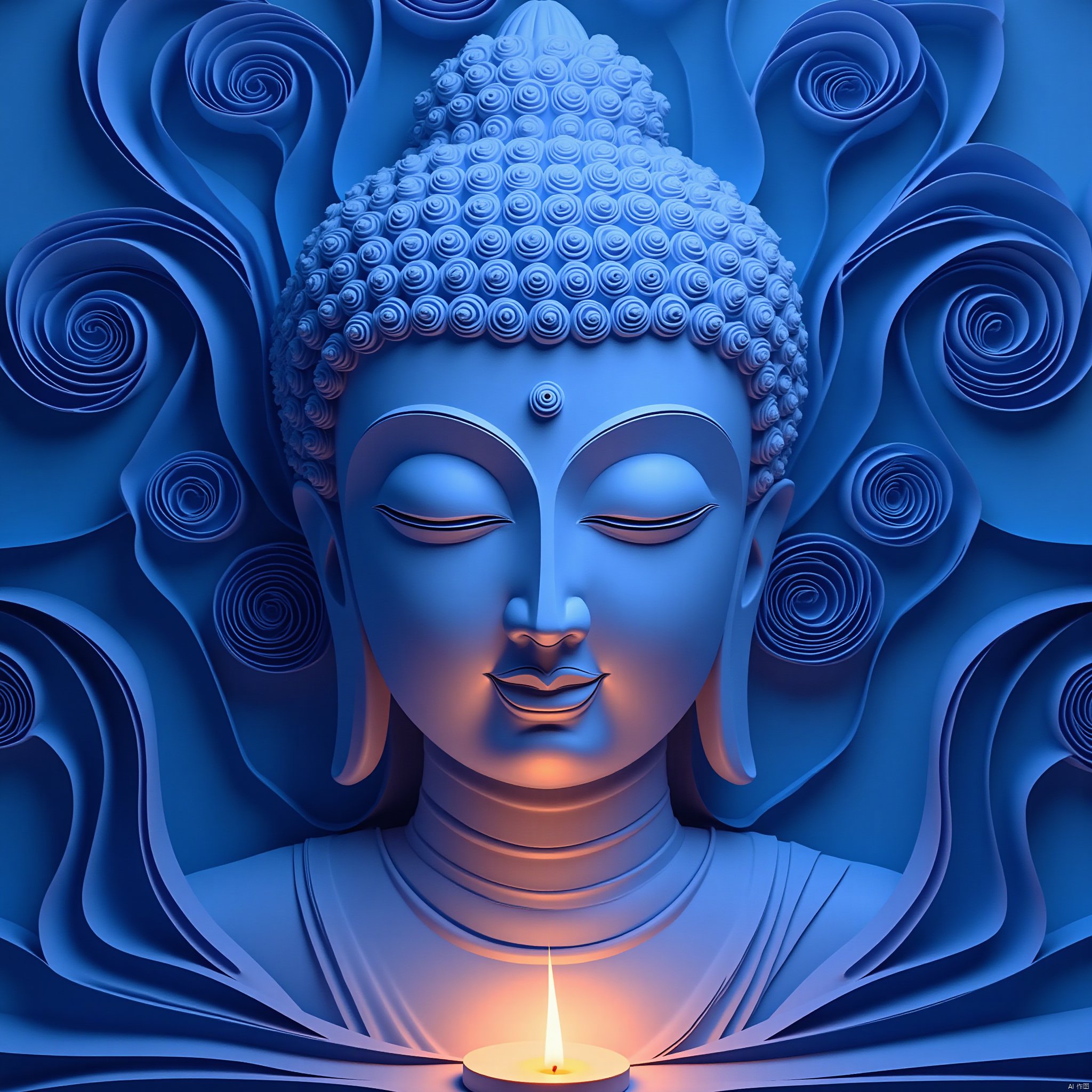 tenkai style
the Buddha
solo
closed eyes
parted lips
lips
blue background
portrait
blue theme
candle
abstract
