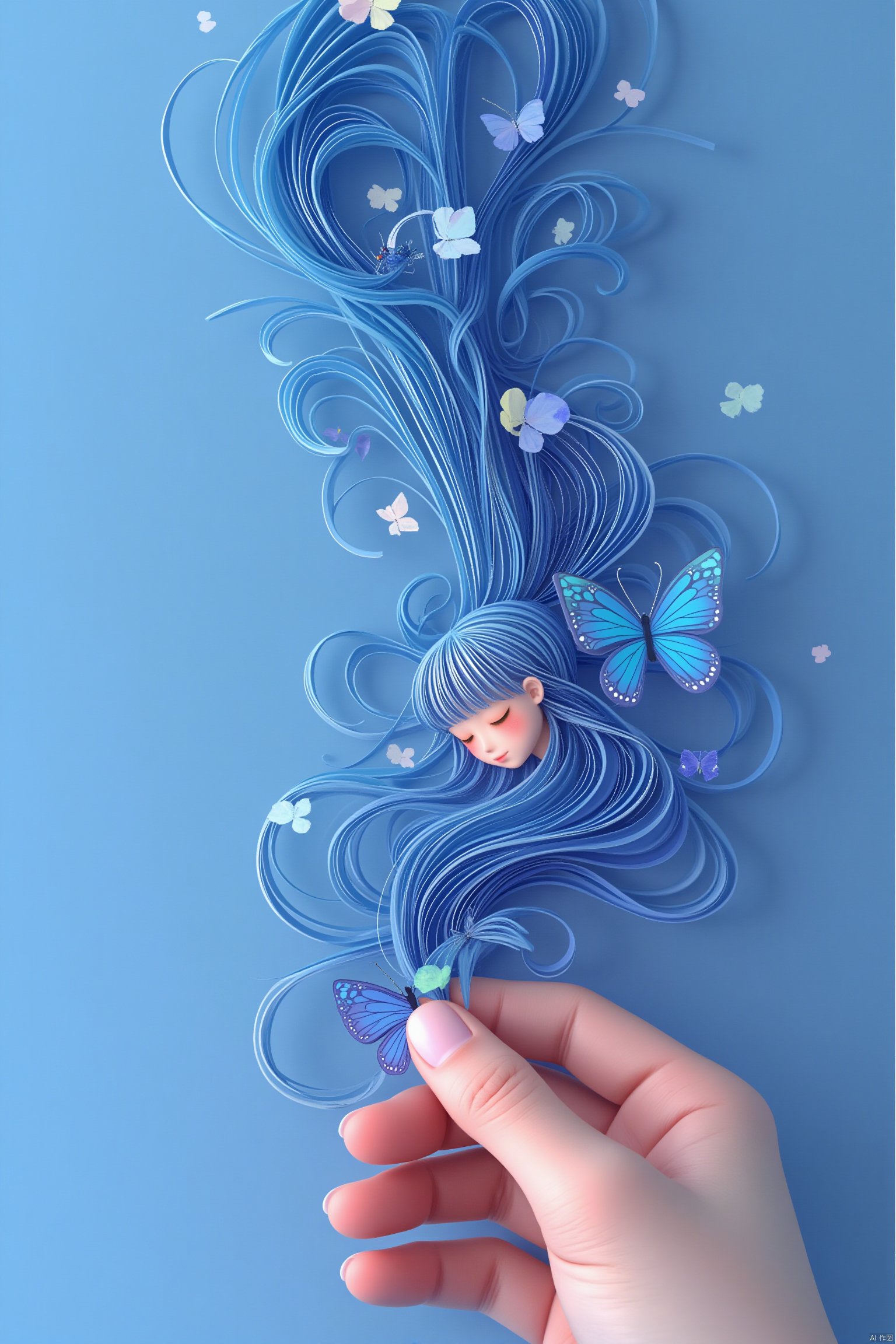 tenkai style
1girl
solo
long hair
simple background
blue hair
closed eyes
blunt bangs
blurry
from side
profile
blue background
bug
butterfly
blue butterfly
Held by a hand
abstract