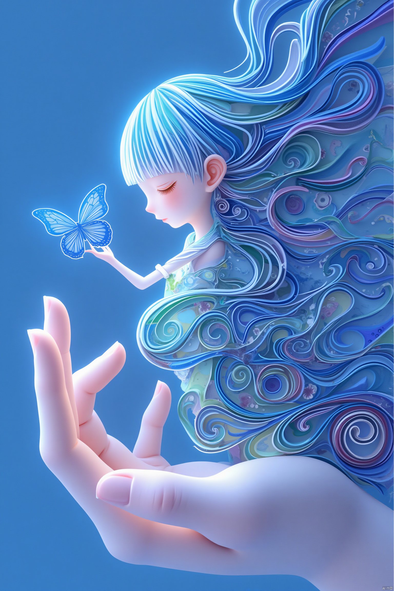 tenkai style
1girl
solo
long hair
simple background
blue hair
closed eyes
blunt bangs
blurry
from side
profile
blue background
bug
butterfly
blue butterfly
Held by a hand
abstract