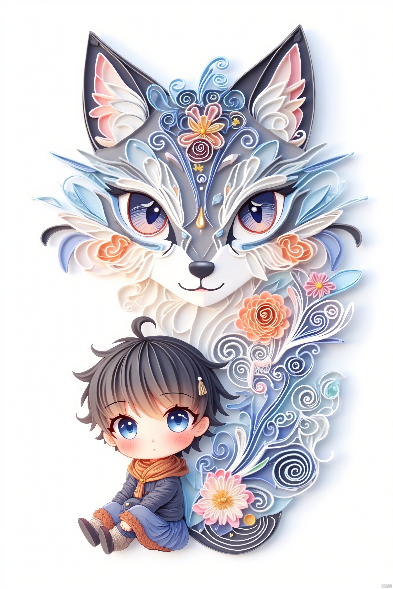 enkai style
1girl
solo
looking at viewer
short hair
blue eyes
brown hair
black hair
white background
sitting
chibi
blush stickers
wolf
abstract