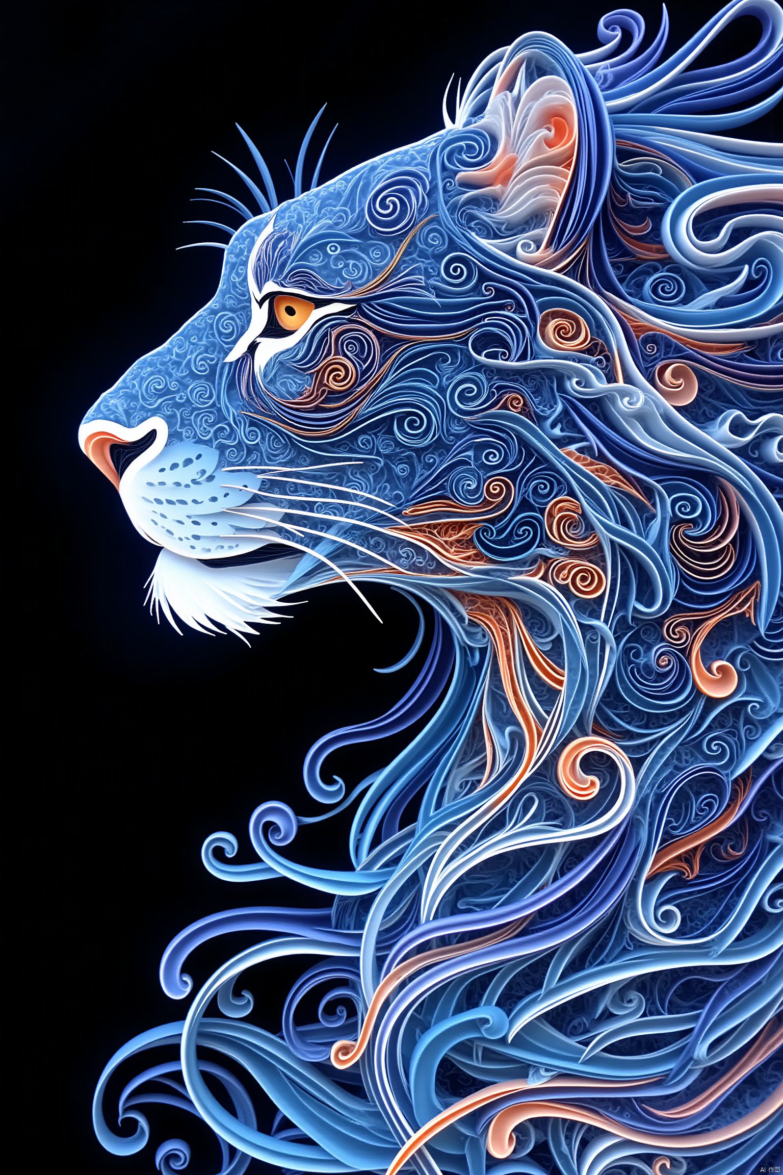 tenkai style
lion
from side
no humans
profile
blue background
black background
animal focus
whiskers
surreal
abstract