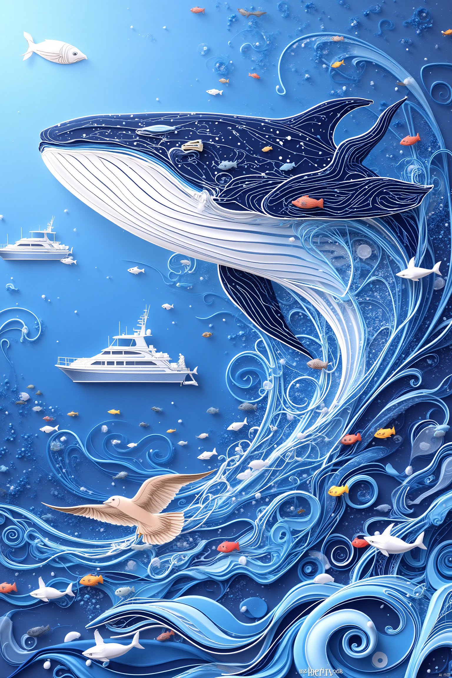 tenkai style
water
no humans
blue background
bird
ocean
animal
fish
watercraft
waves
ship
boat
seagull
surreal
whale
abstract