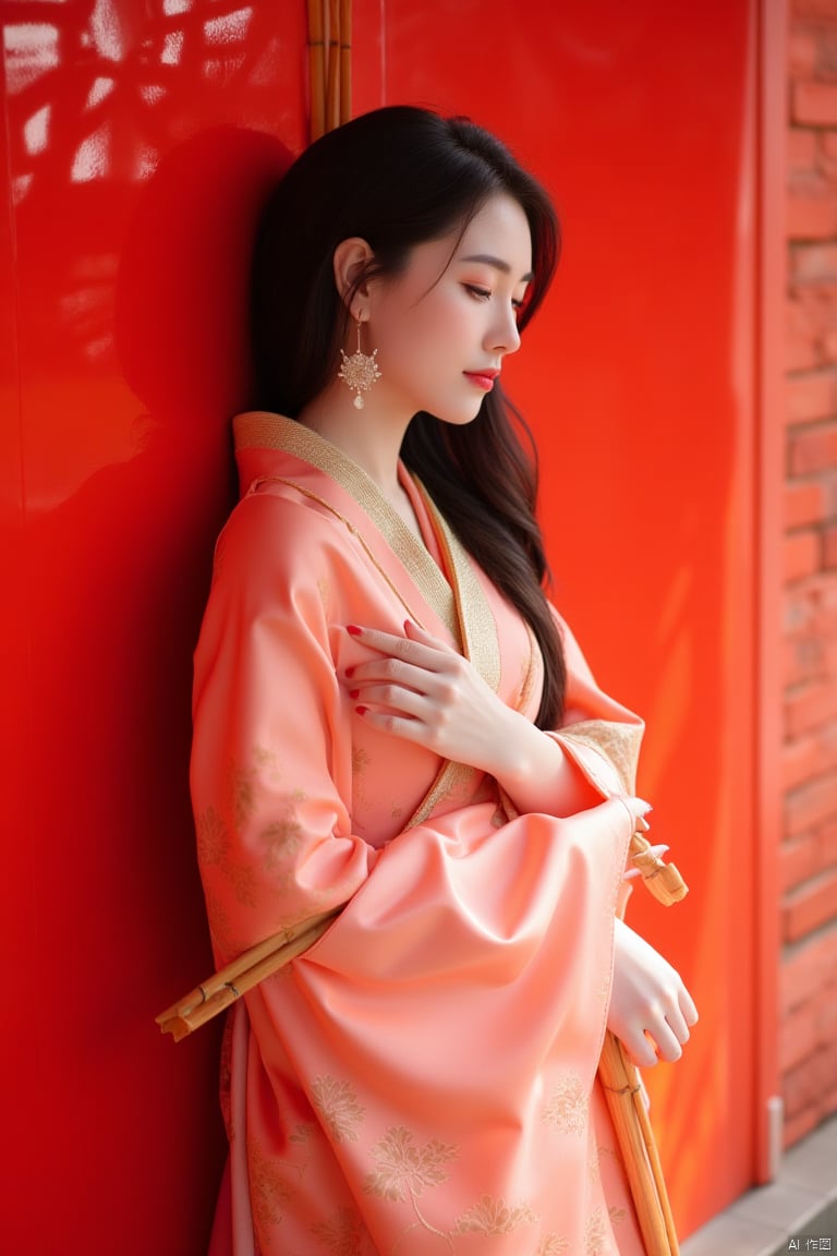 Captured from a high-angle perspective, a young Asian woman stands in front of a vibrant red wall, her hair cascading down her shoulders. She is dressed in a salmon colored kimono, adorned with a floral pattern, and adorned with gold accents. The woman's dress is draped over her left shoulder, adding a touch of contrast to her outfit. She's holding a bamboo-like object in her right hand, her left hand resting on her hip. Her right hand is draped across her right arm, adding an accent to the scene. The backdrop, a brick wall casts a shadow on the wall, adding depth to the composition.