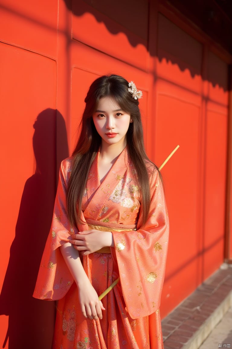 Captured from a high-angle perspective, a young Asian woman stands in front of a vibrant red wall, her hair cascading down her shoulders. She is dressed in a salmon colored kimono, adorned with a floral pattern, and adorned with gold accents. The woman's dress is draped over her left shoulder, adding a touch of contrast to her outfit. She's holding a bamboo-like object in her right hand, her left hand resting on her hip. Her right hand is draped across her right arm, adding an accent to the scene. The backdrop, a brick wall casts a shadow on the wall, adding depth to the composition.