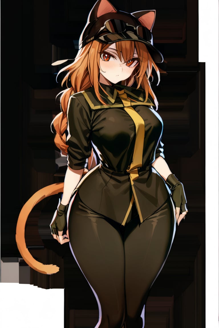 1girl,Ash,short hair,braided hair,brown hair,single braid,cat ears headwear,sunglasses on head,fingerless glove,black clothes,black skrit,black pants,brown boots,cat tail,black bel,black etiquette belt,masterpiece,best quality,look viewer,masterpiece,best quality,chm