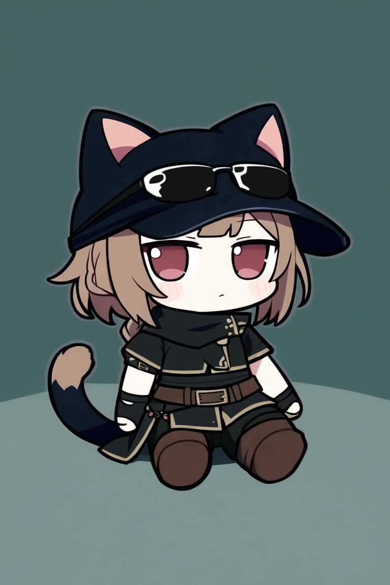 1girl,Ash,short hair,braided hair,brown hair,single braid,cat ears headwear,sunglasses on head,fingerless glove,black clothes,black skrit,black pants,brown boots,cat tail,black belt,black etiquette belt,chibi,simple background,full_body,fumo (doll),fumo,sitting