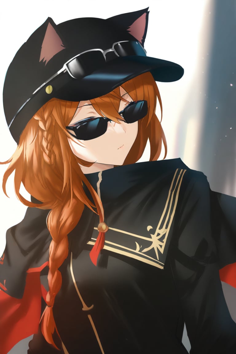 1girl,Ash,short hair,braided hair,brown hair,single braid,cat ears headwear,sunglasses on hand,fingerless glove,black clothes,black skrit,black pants,brown boots,cat tail,black bel,black etiquette belt,masterpiece,best quality,illustration,ultra detailed,hdr,Depth of field,(colorful),Artist rokusai,