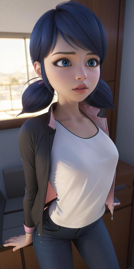 Hyperrealistic, photorealistic, super detailed, ((unbuttoned jacket)), ((white T-shirt)), ((pink jeans)), bright bluebell eyes, shoulder-length black hair with blue reflections tied back in pigtails, light pink lips, body like in real life, large pores, fair skin, slender, beautiful arms, (((very little very flat breasts))), thin legs, unreal engine, octane render, droped shadow, bokeh, cinematic lighting, <lora:add_detail:0.5>, <lora:Volumetric_lighting:0.6>, Marinette Dupen-Cheng, <lora:0ebf8afa-7d09-4dae-bd9d-4a98d209c712:0.7>