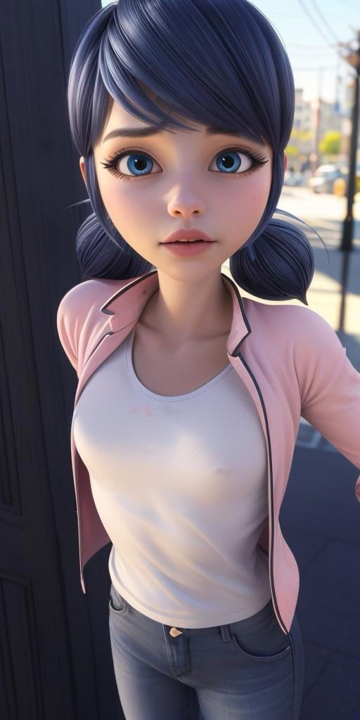 Hyperrealistic, photorealistic, super detailed, ((unbuttoned jacket)), ((white T-shirt)), ((pink jeans)), bright bluebell eyes, shoulder-length black hair with blue reflections tied back in pigtails, light pink lips, body like in real life, large pores, fair skin, slender, beautiful arms, (((very little very flat breasts))), thin legs, unreal engine, octane render, droped shadow, bokeh, cinematic lighting, <lora:add_detail:0.5>, <lora:Volumetric_lighting:0.6>, Marinette Dupen-Cheng, <lora:0ebf8afa-7d09-4dae-bd9d-4a98d209c712:0.7>