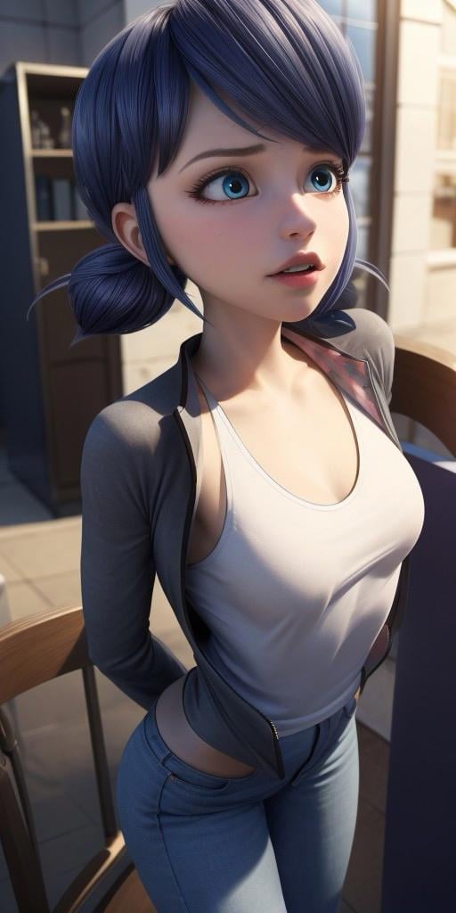 Hyperrealistic, photorealistic, super detailed, ((unbuttoned jacket)), ((white T-shirt)), ((pink jeans)), bright bluebell eyes, shoulder-length black hair with blue reflections tied back in pigtails, light pink lips, body like in real life, large pores, fair skin, slender, beautiful arms, (((very little very flat breasts))), thin legs, unreal engine, octane render, droped shadow, bokeh, cinematic lighting, <lora:add_detail:0.5>, <lora:Volumetric_lighting:0.6>, Marinette Dupen-Cheng, <lora:0ebf8afa-7d09-4dae-bd9d-4a98d209c712:0.7>