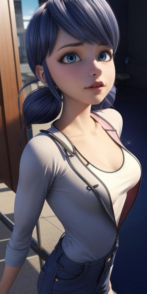 Hyperrealistic, photorealistic, super detailed, ((unbuttoned jacket)), ((white T-shirt)), ((pink jeans)), bright bluebell eyes, shoulder-length black hair with blue reflections tied back in pigtails, light pink lips, body like in real life, large pores, fair skin, slender, beautiful arms, (((very little very flat breasts))), thin legs, unreal engine, octane render, droped shadow, bokeh, cinematic lighting, <lora:add_detail:0.5>, <lora:Volumetric_lighting:0.6>, Marinette Dupen-Cheng, <lora:0ebf8afa-7d09-4dae-bd9d-4a98d209c712:0.7>