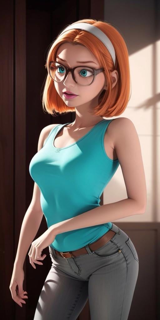 Hyperrealistic, photorealistic, turquoise jeans, a colored sweater with a diamond pattern, orange hair, glasses with a grayish-brown and grey rimwhite headband, strong cyan eyes, chin-length orange hair that is styled in a bob-cut, super detailed, body like in real life, light pink lipstick, large pores, slender, fourteen years old, fair skin, beautiful arms, very little very flat breasts, unreal engine, octane render, droped shadow, bokeh, cinematic lighting, highly detailed background, <lora:add_detail:0.5>, <lora:Volumetric_lighting:0.6>, Raincomprix, Sabrina, , <lora:784a5ed7-f452-478c-9bf0-e4d020be783d:0.7>