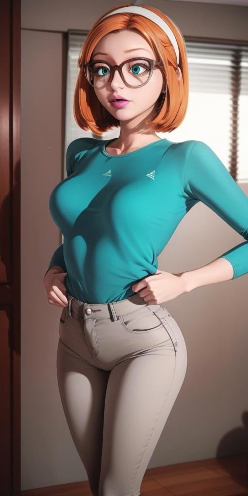 Hyperrealistic, photorealistic, turquoise jeans, a colored sweater with a diamond pattern, orange hair, glasses with a grayish-brown and grey rimwhite headband, strong cyan eyes, chin-length orange hair that is styled in a bob-cut, super detailed, body like in real life, light pink lipstick, large pores, slender, fourteen years old, fair skin, beautiful arms, very little very flat breasts, unreal engine, octane render, droped shadow, bokeh, cinematic lighting, highly detailed background, <lora:add_detail:0.5>, <lora:Volumetric_lighting:0.6>, Raincomprix, Sabrina, , <lora:784a5ed7-f452-478c-9bf0-e4d020be783d:0.7>