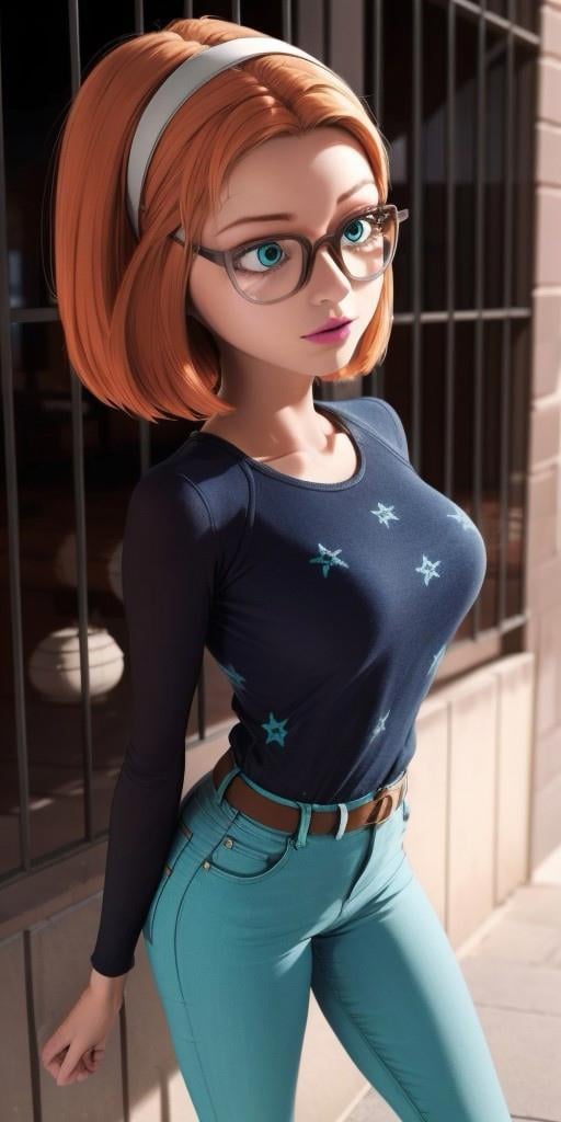 Hyperrealistic, photorealistic, turquoise jeans, a colored sweater with a diamond pattern, orange hair, glasses with a grayish-brown and grey rimwhite headband, strong cyan eyes, chin-length orange hair that is styled in a bob-cut, super detailed, body like in real life, light pink lipstick, large pores, slender, fourteen years old, fair skin, beautiful arms, very little very flat breasts, unreal engine, octane render, droped shadow, bokeh, cinematic lighting, highly detailed background, <lora:add_detail:0.5>, <lora:Volumetric_lighting:0.6>, Raincomprix, Sabrina, , <lora:784a5ed7-f452-478c-9bf0-e4d020be783d:0.7>