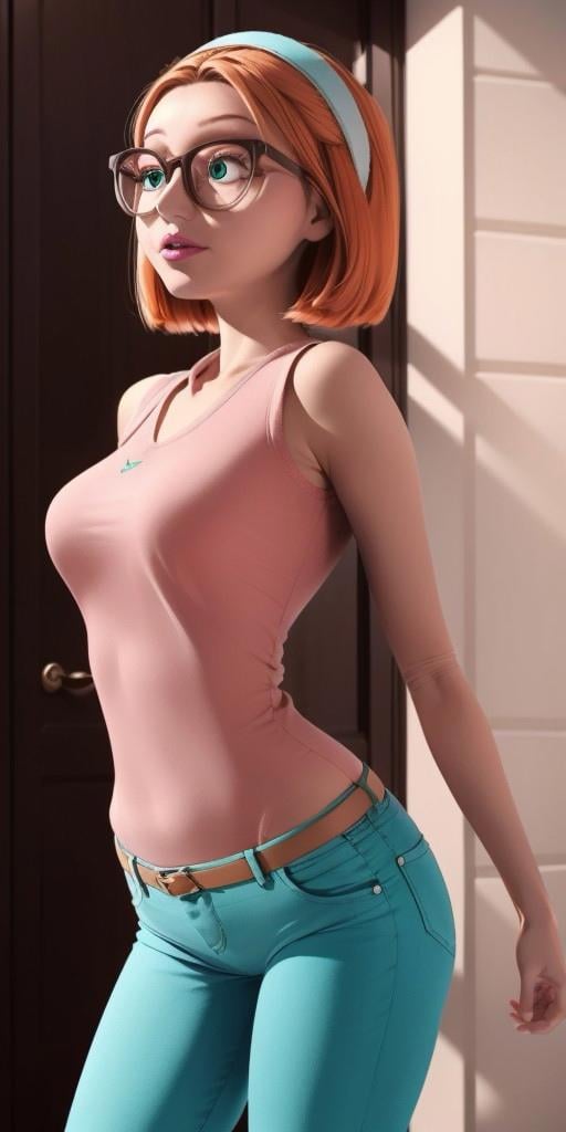 Hyperrealistic, photorealistic, turquoise jeans, a colored sweater with a diamond pattern, orange hair, glasses with a grayish-brown and grey rimwhite headband, strong cyan eyes, chin-length orange hair that is styled in a bob-cut, super detailed, body like in real life, light pink lipstick, large pores, slender, fourteen years old, fair skin, beautiful arms, very little very flat breasts, unreal engine, octane render, droped shadow, bokeh, cinematic lighting, highly detailed background, <lora:add_detail:0.5>, <lora:Volumetric_lighting:0.6>, Raincomprix, Sabrina, , <lora:784a5ed7-f452-478c-9bf0-e4d020be783d:0.7>