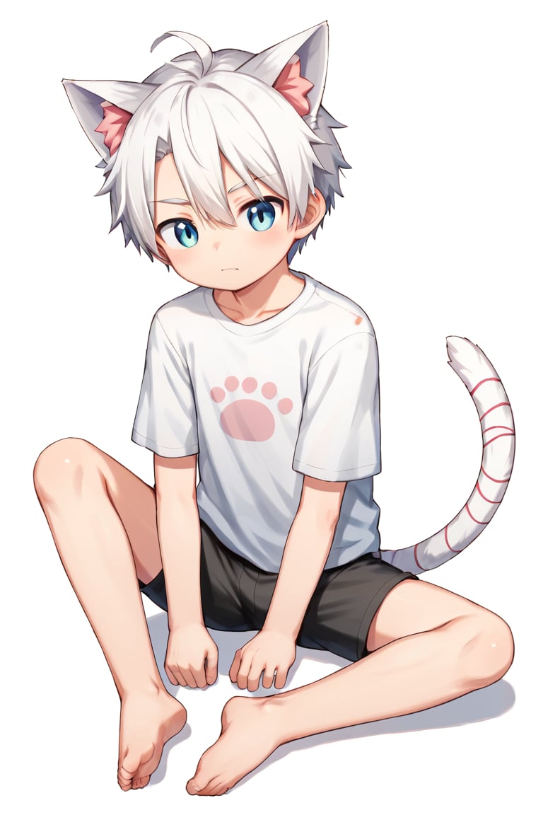 solo,male_child,shota,BREAK,
vup-wh,cat_ears,t-shirt,shorts,cat_tail,barefoot,BREAK,
((prefect_hands,prefect_feet)),
white background,simple background,(kneeling:0.5),(sit:0.5),
BREAK,
score_9,score_8_up,score_7_up,score_6_up,score_5_up,betm,