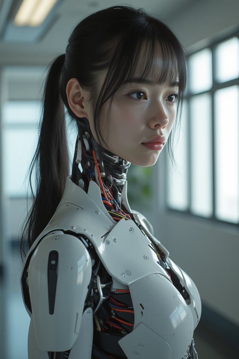 beautiful 20 years old korean robot women wearing school uniform, gynoid,