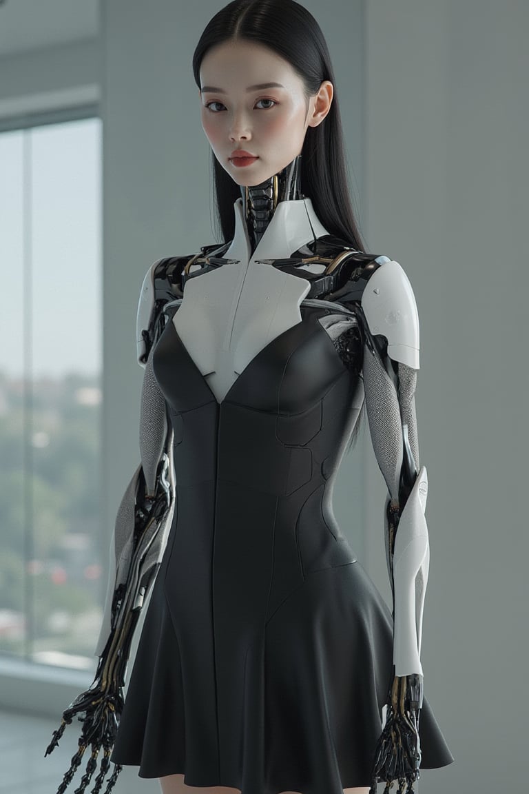 beautiful 20 years old korean robot women wearing office uniform, gynoid,