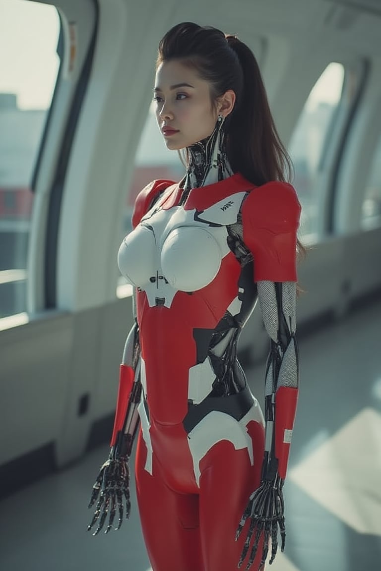 beautiful 20 years old korean robot women wearing flight attendant uniform, gynoid,