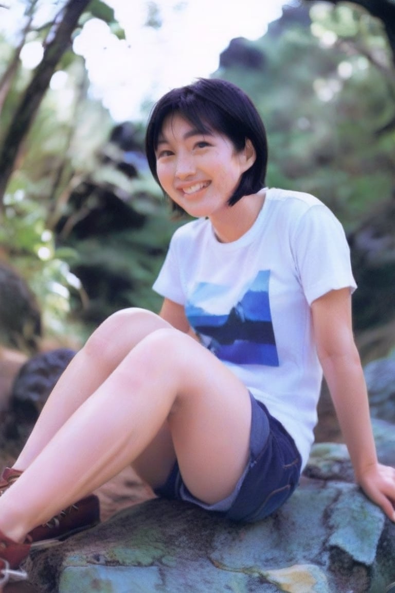 Ryoko Hirosue,short black hair,japanese girl, shorts jeans,tshirt, smiling,sit on a rock, forest