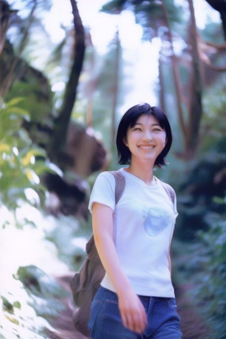 Ryoko Hirosue,short black hair,japanese girl,jeans,tshirt, smiling, walking in the forest